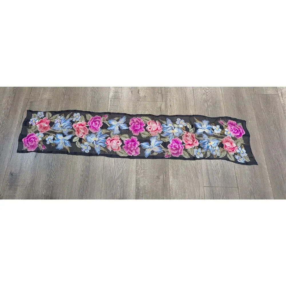 Black Floral Scarf Sheer Hair Festival Rodeo Boho Roses Iris Lily Oblong